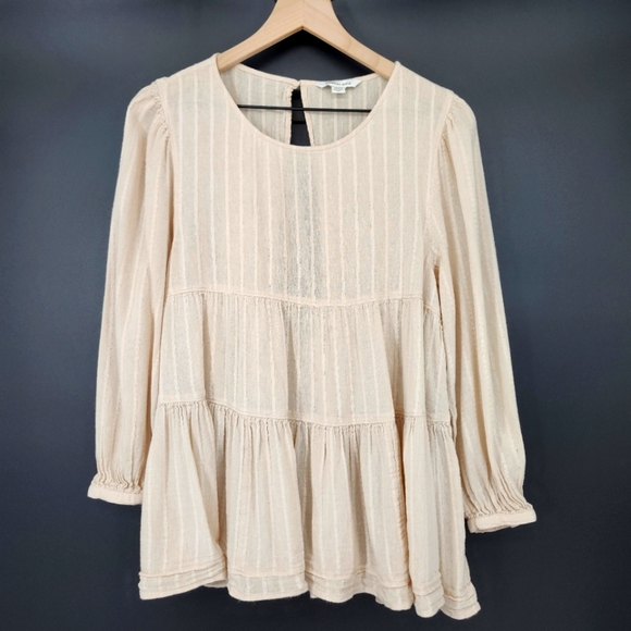 American Eagle Womens Tiered Blouse Top Size M Tan Peasant Neutral Minimalist - Picture 1 of 9